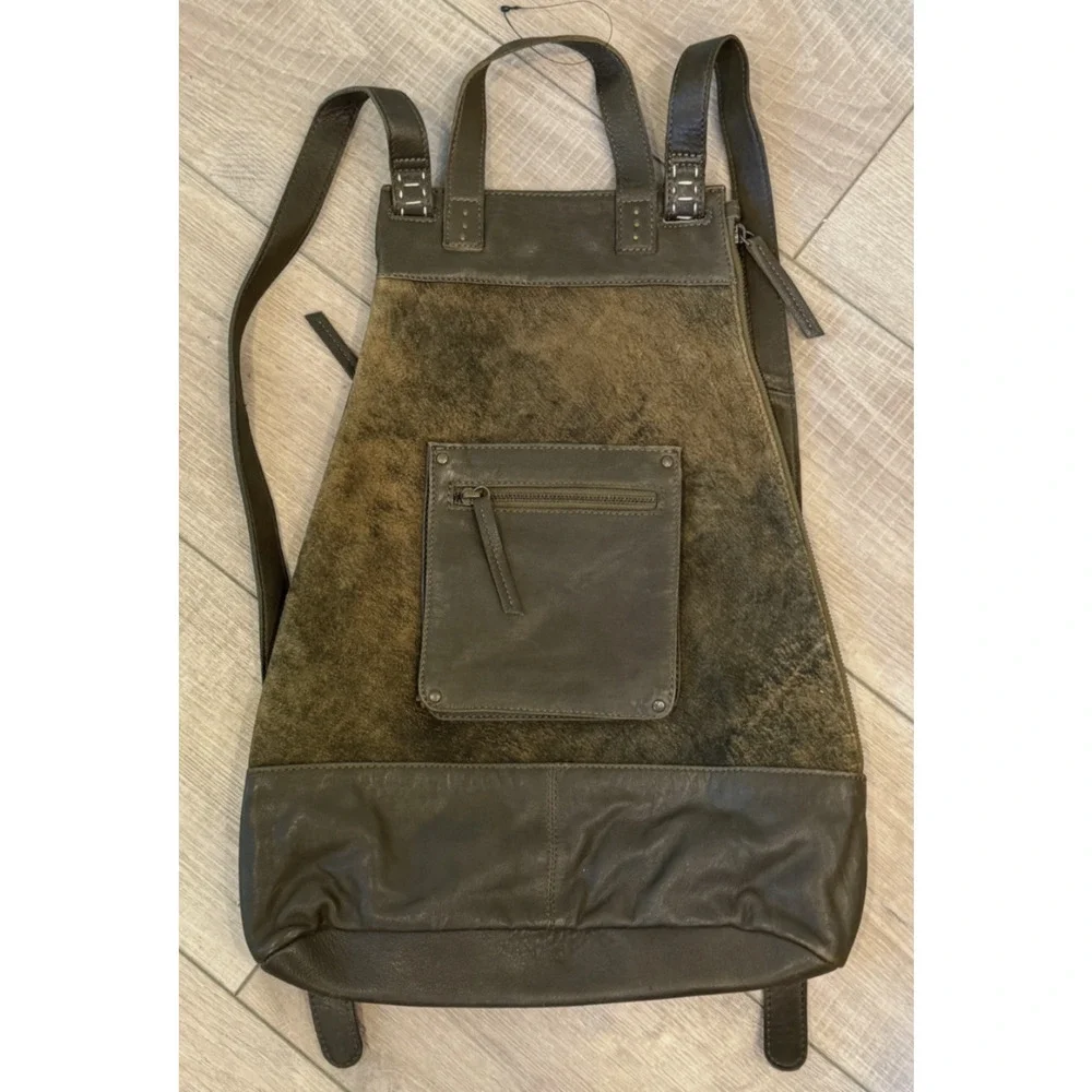 FREE PEOPLE WE THE FREE DISTRESSED BITTER OLIVE SAGE SUEDE LEATHER BACKPACK BAG